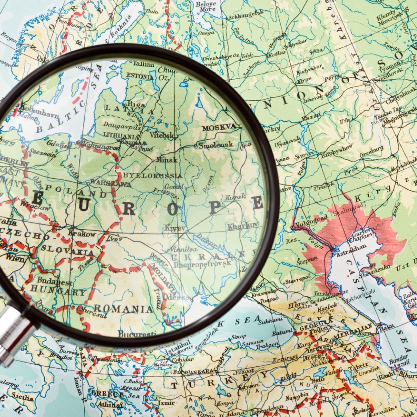 Europe Map with Magnifying Glass