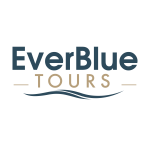 Logo for "EverBlue Tours" with "EverBlue" in bold blue letters and "TOURS" in tan letters below, separated by two tan lines and a wavy blue line symbolizing water. Background is light gray.